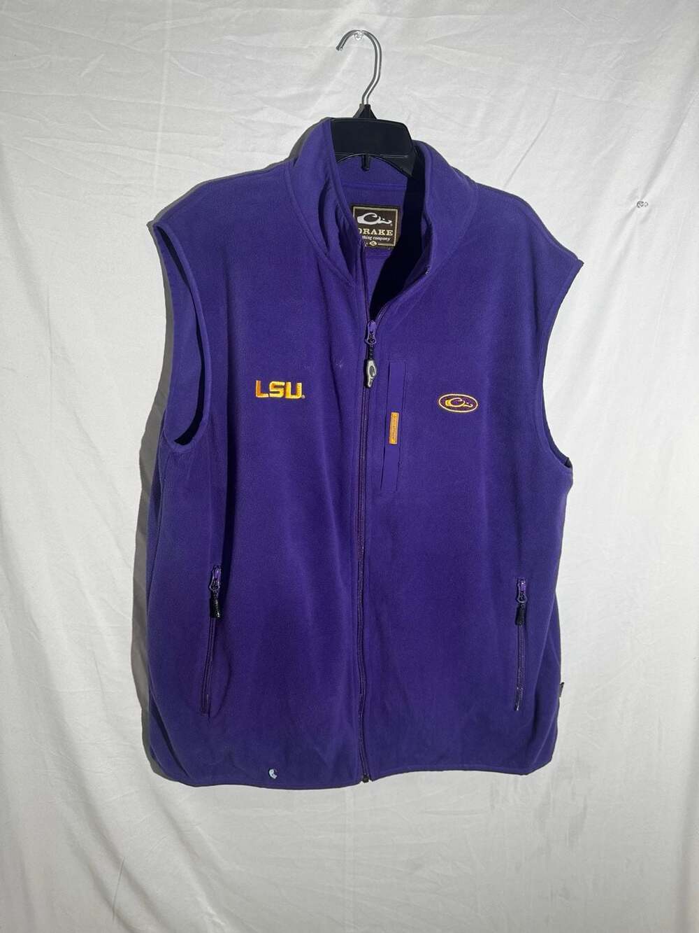 Drake Waterfowl Mens Vest LSU Fleece Full Zip Hunting Camp Gorpcore Purple XL